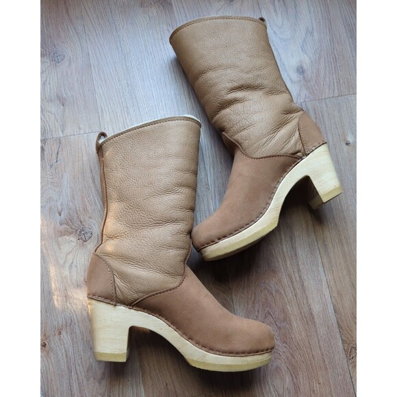No 6 Pull On Shearling High Boot Wool Lined Wooden Clogs Womens 40 Honey - Picture 9 of 12